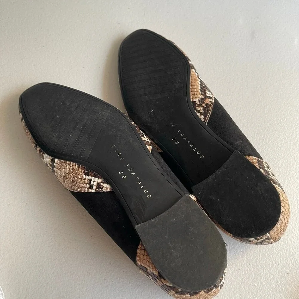 Zara Trafaluc Flats Womens 36 Snake Python Print Black‎ Suede Leather Trim Bow